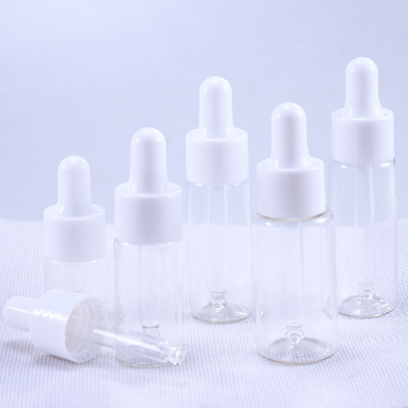 Juice Bottle Dropper - 50個入り、5ml、10ml、15ml、20mlの透明ガラス製ドロッパーボトル、ピペット付き。化粧品、香水、エッセンシャルオイル用。